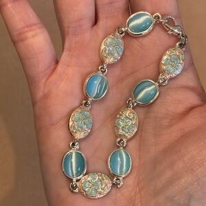 Silver Tone Blue Cat’s Eye Glass Bracelet Enamel Floral Link Boho Artisan Estate